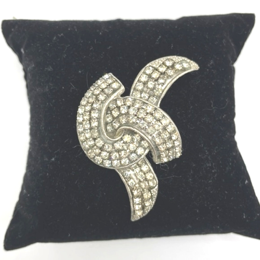 LMD Signed White Rhinestone Silver Tone Setting Art Deco Style Pin Brooch